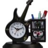 Analog black desk clock with guitar shaped desk organizer