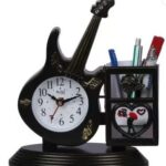 Analog black desk clock with guitar shaped desk organizer
