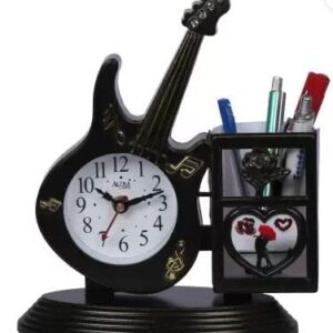 Analog black desk clock with guitar shaped desk organizer
