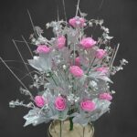 Artificial pink rose flower pot for indoor home décor