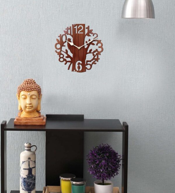 Elegant round wooden wall clock in brown for living room interiors