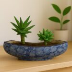 Boat shaped blue bubble oval ceramic pot planter for modern home décor