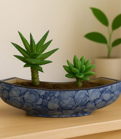 Boat shaped blue bubble oval ceramic pot planter for modern home décor