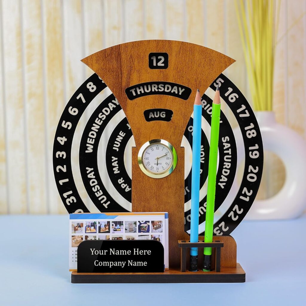 Round wooden desk calendar with clock for office and home décor