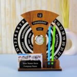 Round wooden desk calendar with clock for office and home décor