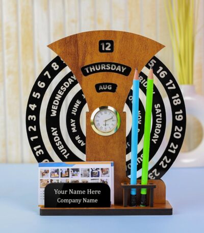Round wooden desk calendar with clock for office and home décor