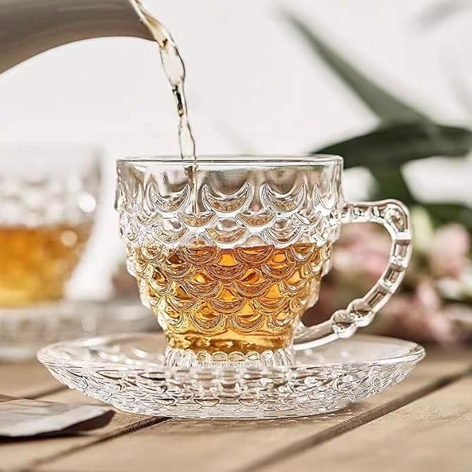 Premium clear glass tea cup and saucer set for home and office
