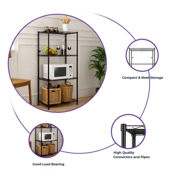 Black metal kitchen cabinet with four sturdy shelves