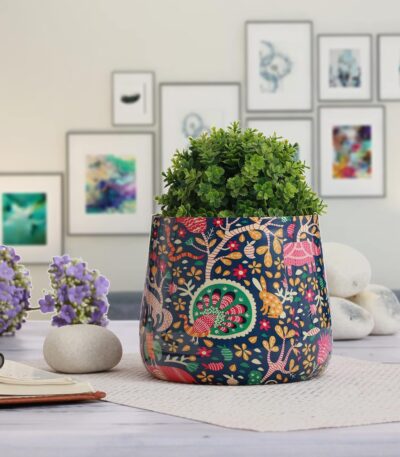 Designer metal pot for flowers with modern decorative pattern