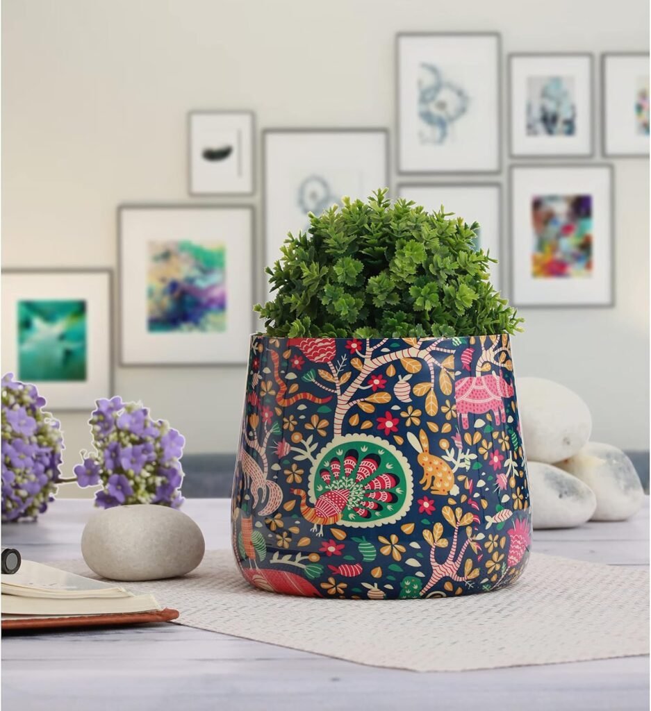 Designer metal pot for flowers with modern decorative pattern