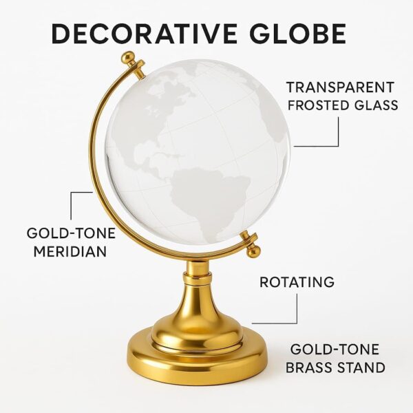 Clear glass sphere world globe with golden stand for study table