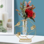 Hexagon metal flower vase stand with bird and lily design