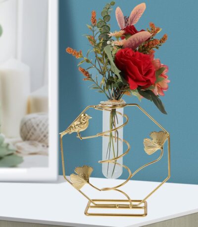 Hexagon metal flower vase stand with bird and lily design