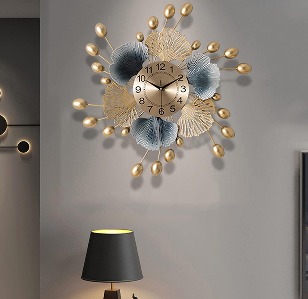 Luxury metal ginkgo leaf decor wall clock for modern interiors