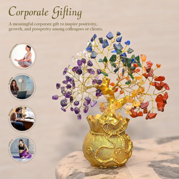 Colorful 7 chakra crystal tree spiritual decor with money bag stand