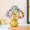 Multicolor 7 chakra healing crystal tree with golden wealth bag stand