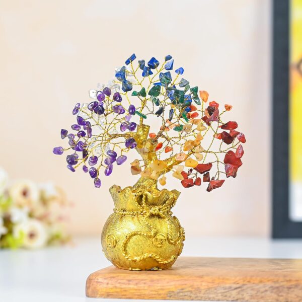 Multicolor 7 chakra healing crystal tree with golden wealth bag stand