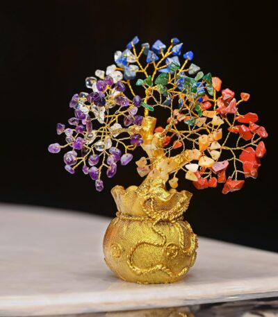 Lucky 7 chakra gemstone tree with golden money bag base for wealth and positivity