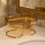 Luxury soap dish holder with drain tray and gold metal stand for modern bathroom