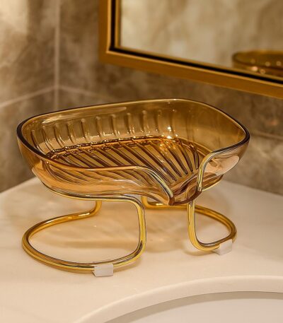 Luxury soap dish holder with drain tray and gold metal stand for modern bathroom