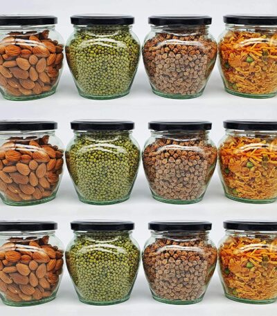 Transparent glass jar with airtight black lid for kitchen storage
