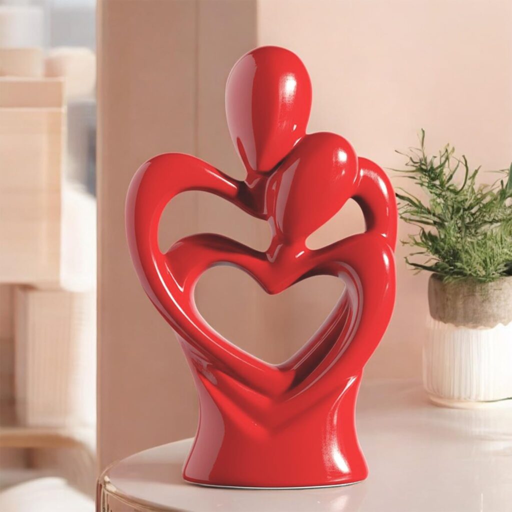Hugging couple ceramic sculpture with heart shape romantic design