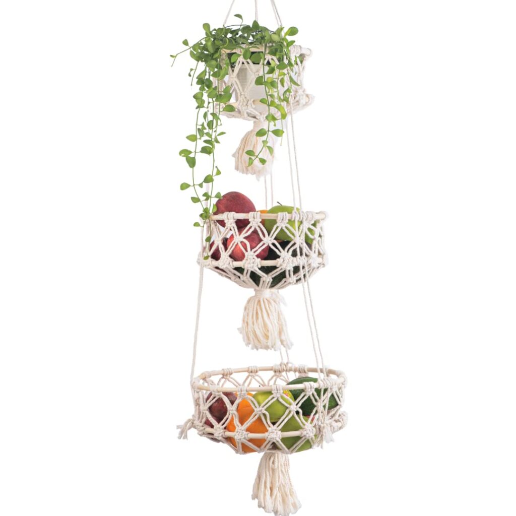 Handmade macrame hanging fruit basket for vegetables and fruits