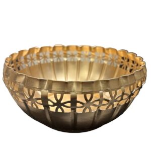 Decorative metal serving bowl with floral cutwork for home décor