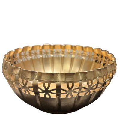 Decorative metal serving bowl with floral cutwork for home décor
