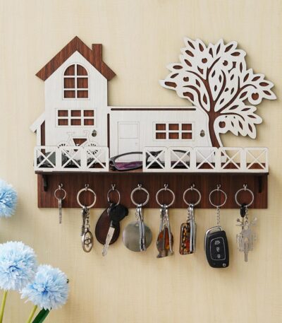 Rustic wooden house-shaped key holder for wall decor and key organization