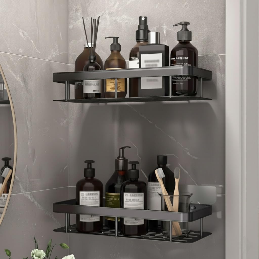 Wall mounted bathroom organiser shelf rack for toiletries and accessories