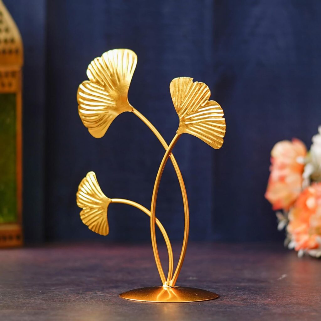 Premium iron gold plated three leaf shape table stand decor