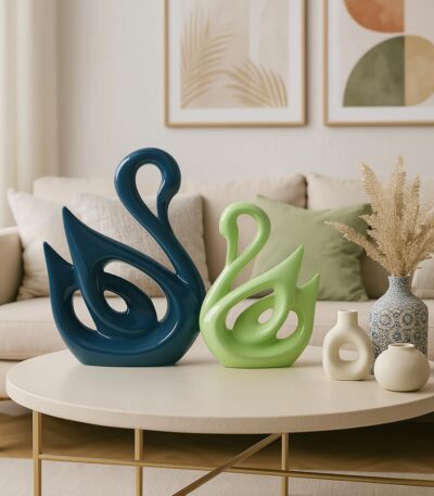 Lucky swan couple ceramic figures with piano finish for home decor