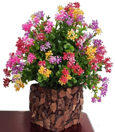 Plastic multicolor artificial flower plant with stylish coconut pot for home décor