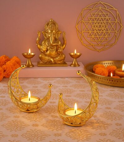 Artistic moon tea light holder with soft warm light