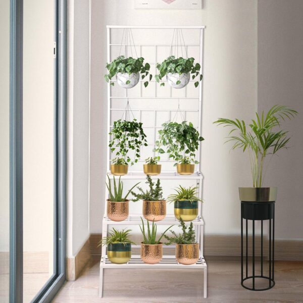 White Multi-Level Metal Plant Stand with Four Shelves for Home Garden