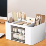 Multi-compartment plastic makeup brush organizer for desktop use