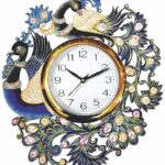 Decorative peacock design wall clock with colorful feathers for home décor