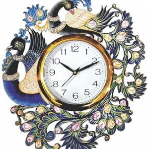 Decorative peacock design wall clock with colorful feathers for home décor