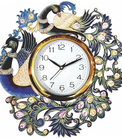 Decorative peacock design wall clock with colorful feathers for home décor