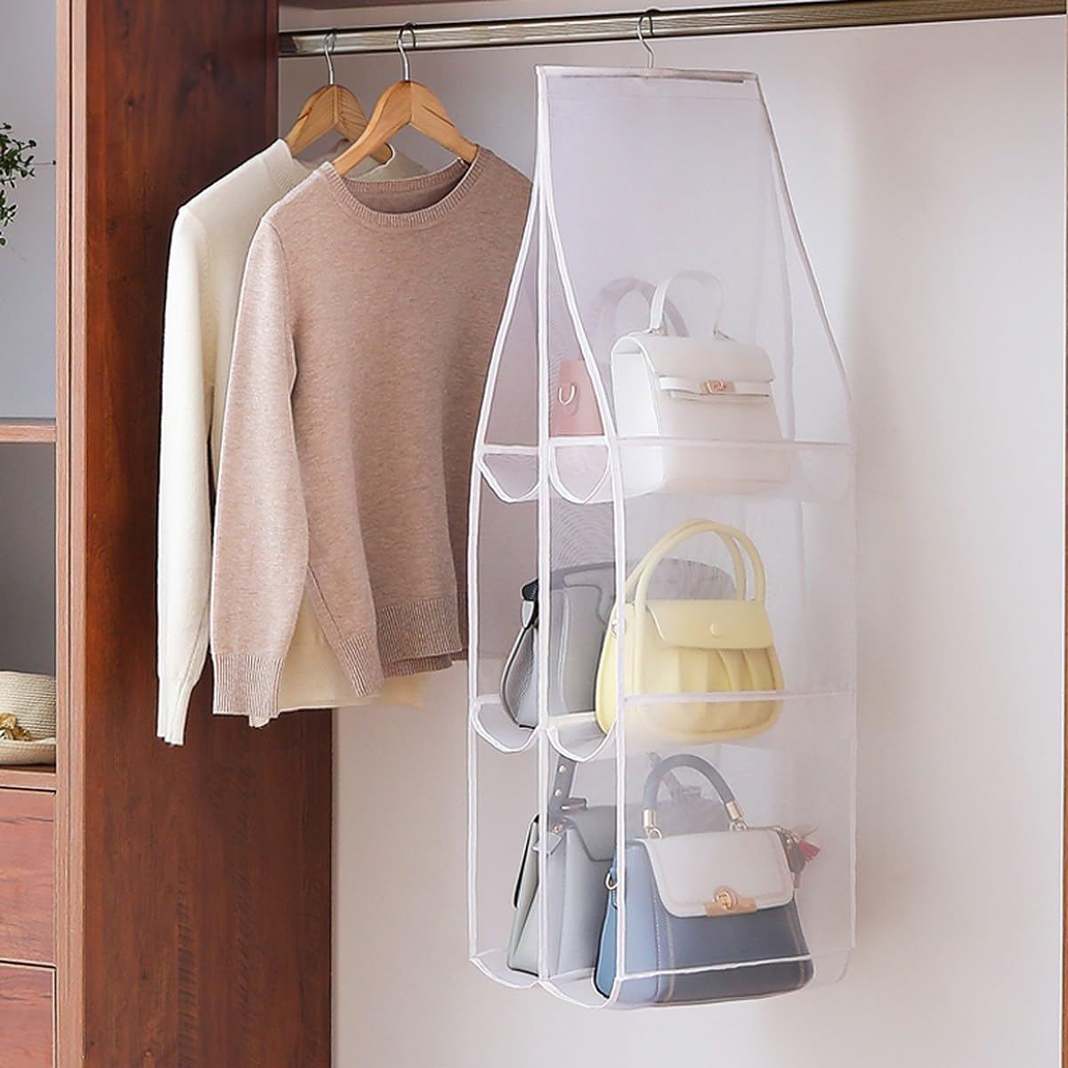 6 Pocket Foldable Hanging Handbag Organizer 6 pocket foldable hanging handbag organizer for closet and wardrobe storage