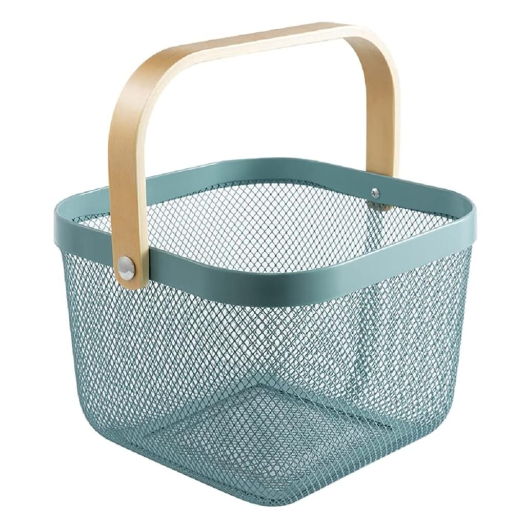 Multi-purpose metal mesh storage basket with bamboo handle