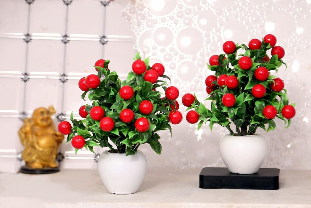 Artificial red cherry plant with premium pot for home décor