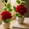 Artificial red rose flowers with decorative pot for home table décor