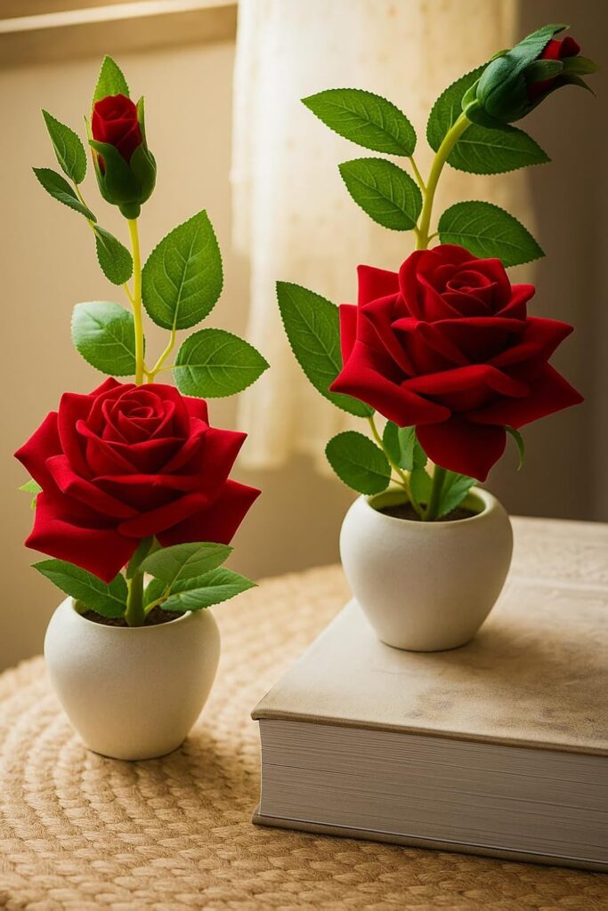 Artificial red rose flowers with decorative pot for home table décor