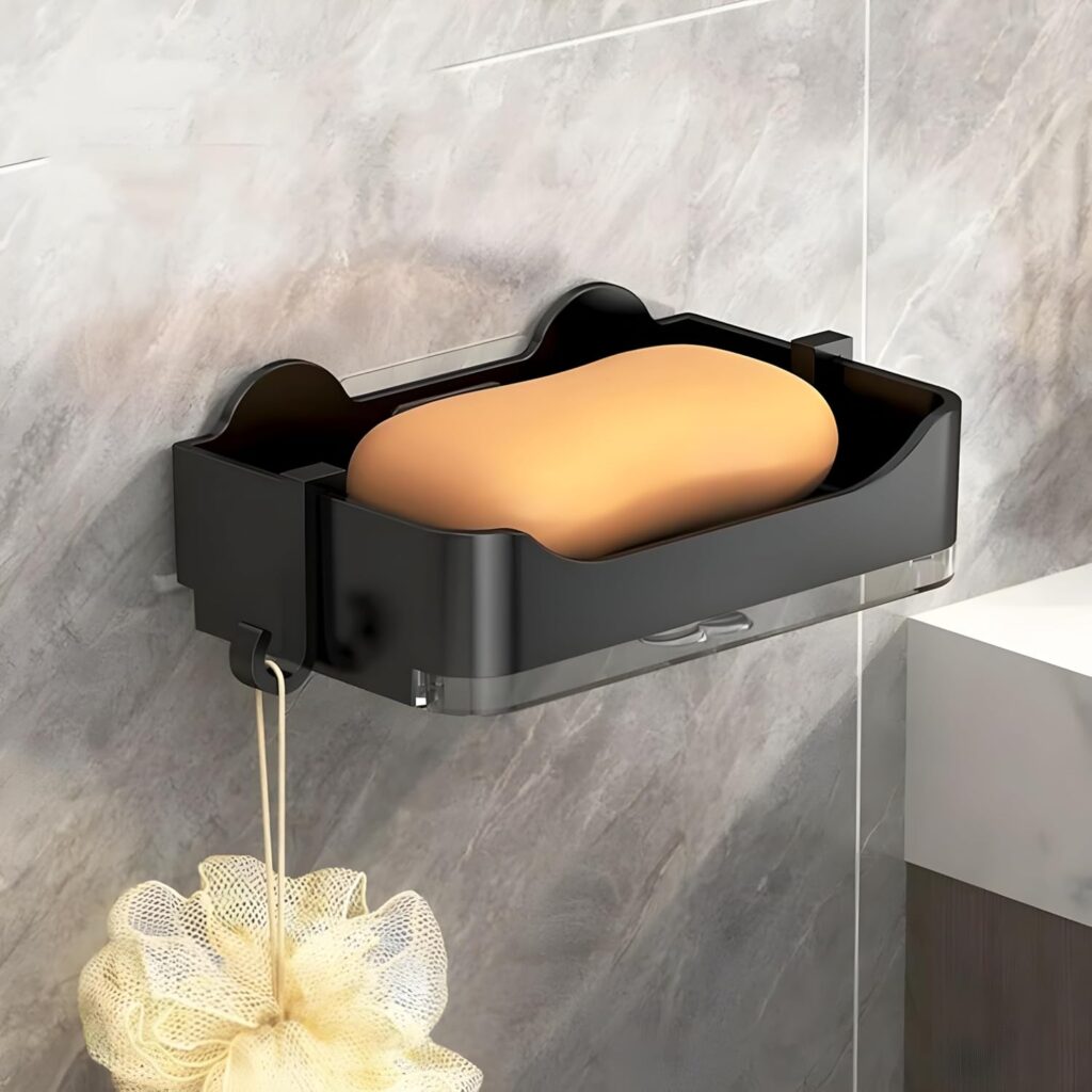 Plastic self adhesive bathroom soap holder with drainage tray wall mounted