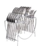 Stainless steel cutlery stand with spoons and forks for modern kitchen countertop