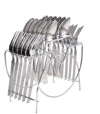 Stainless steel cutlery stand with spoons and forks for modern kitchen countertop