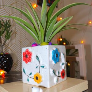 Cube-shaped ceramic pot for indoor plants and succulents