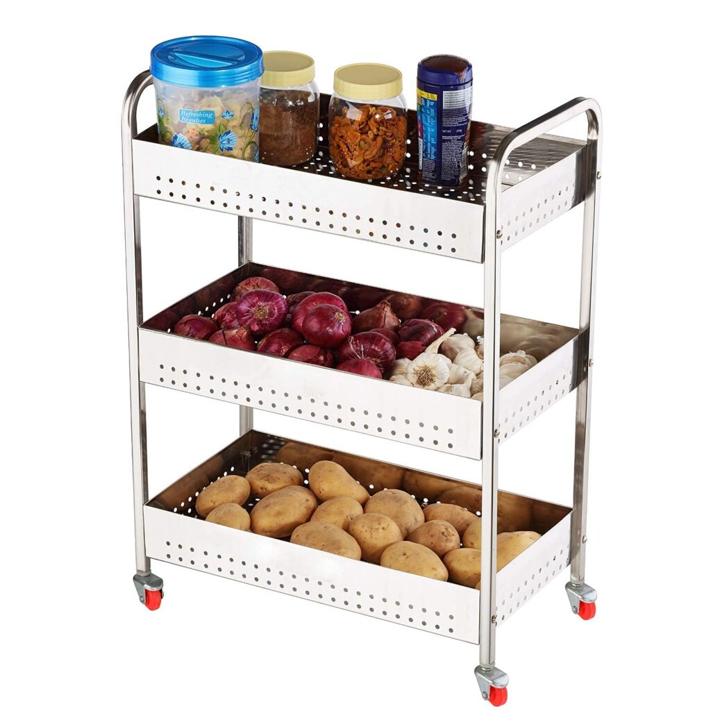 3 tier stainless steel vegetable trolley for kitchen storage